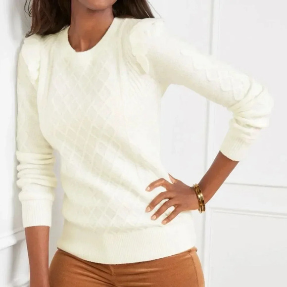 TALBOTS | Cable Knit Ruffle Crewneck Sweater Cream Ivory Soft | Size XL - Picture 1 of 8
